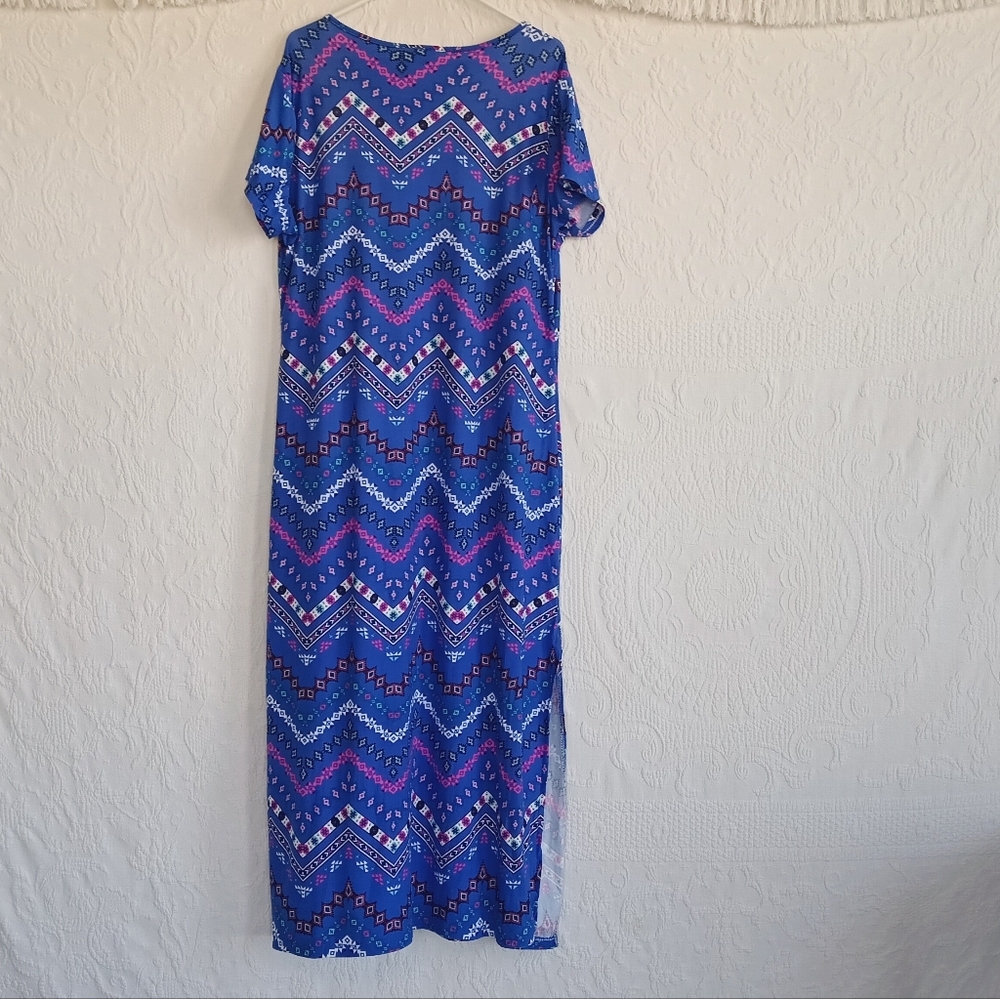 Bobbie Brooks Blue Maxi T Shirt Dress Tribal Western Bohemian Colorful Zig Zag - Picture 8 of 9